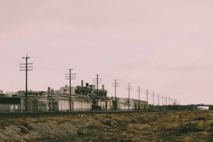 A landscape view of industrial power lines and a factory with multiple utility poles.