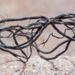 Detailed view of frayed and intertwined steel cables on a blurred background.