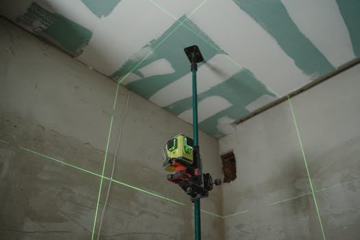 pexels-photo-6473973-6473973 A laser level tool in action at an indoor construction site with marked walls.
